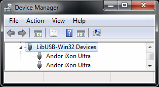 Screenshot: Device Manager showing 2 iXon Ultra cameras
detected.
