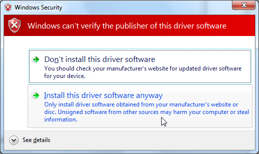 |thumb|center|upright=2.5|alt=Device Manager.|Windows can't
verify the publisher of this driver
software