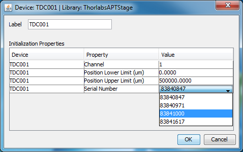 |thumb|center|upright=2.0|alt=Hardware config wizard.|Adding a
ThorlabsAPTStage device and selecting its Serial
Number.