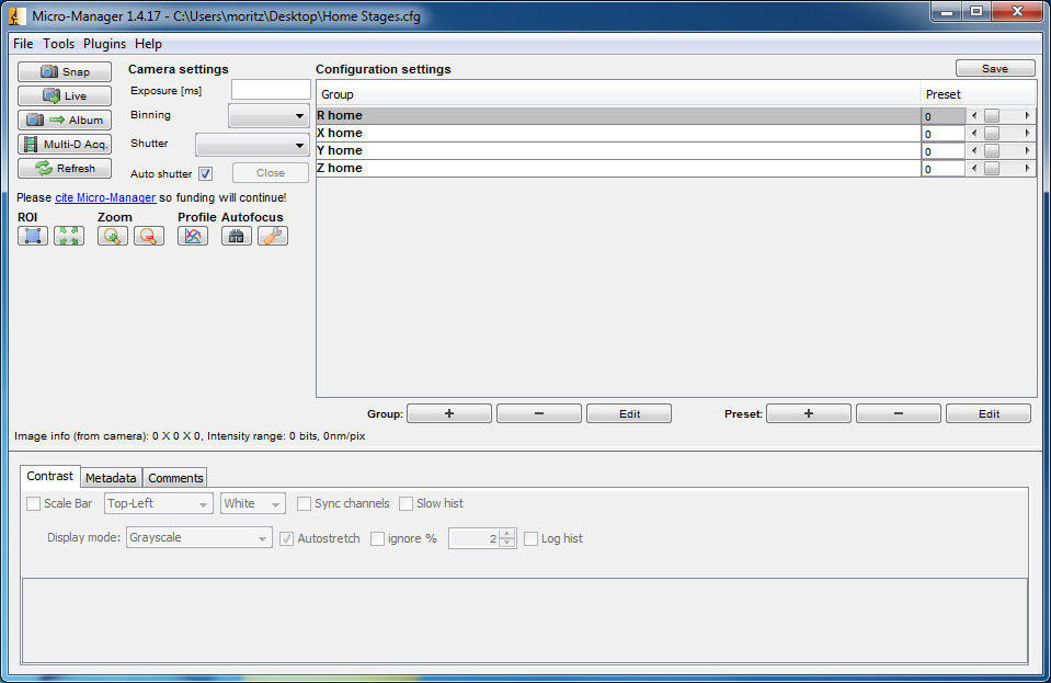 |thumb|center|upright=2.5|alt=Micromanager APT initialisation
groups.|Set the Preset value to 1 to initialise the stages
individually.