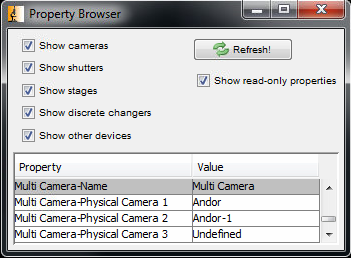 Screenshot: Multi-camera device PhysicalCameras set to the Andor
cameras.