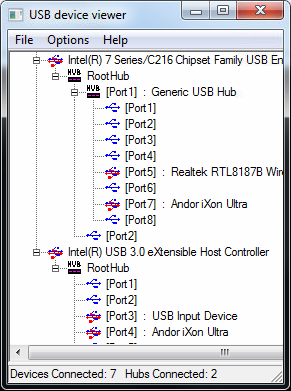 Screenshot: Uvcview program showing 2 iXon Ultra cameras connected to
USB ports such that they are on separate host
buses.