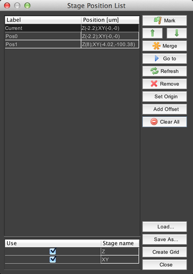 Stage Position List
Dialog